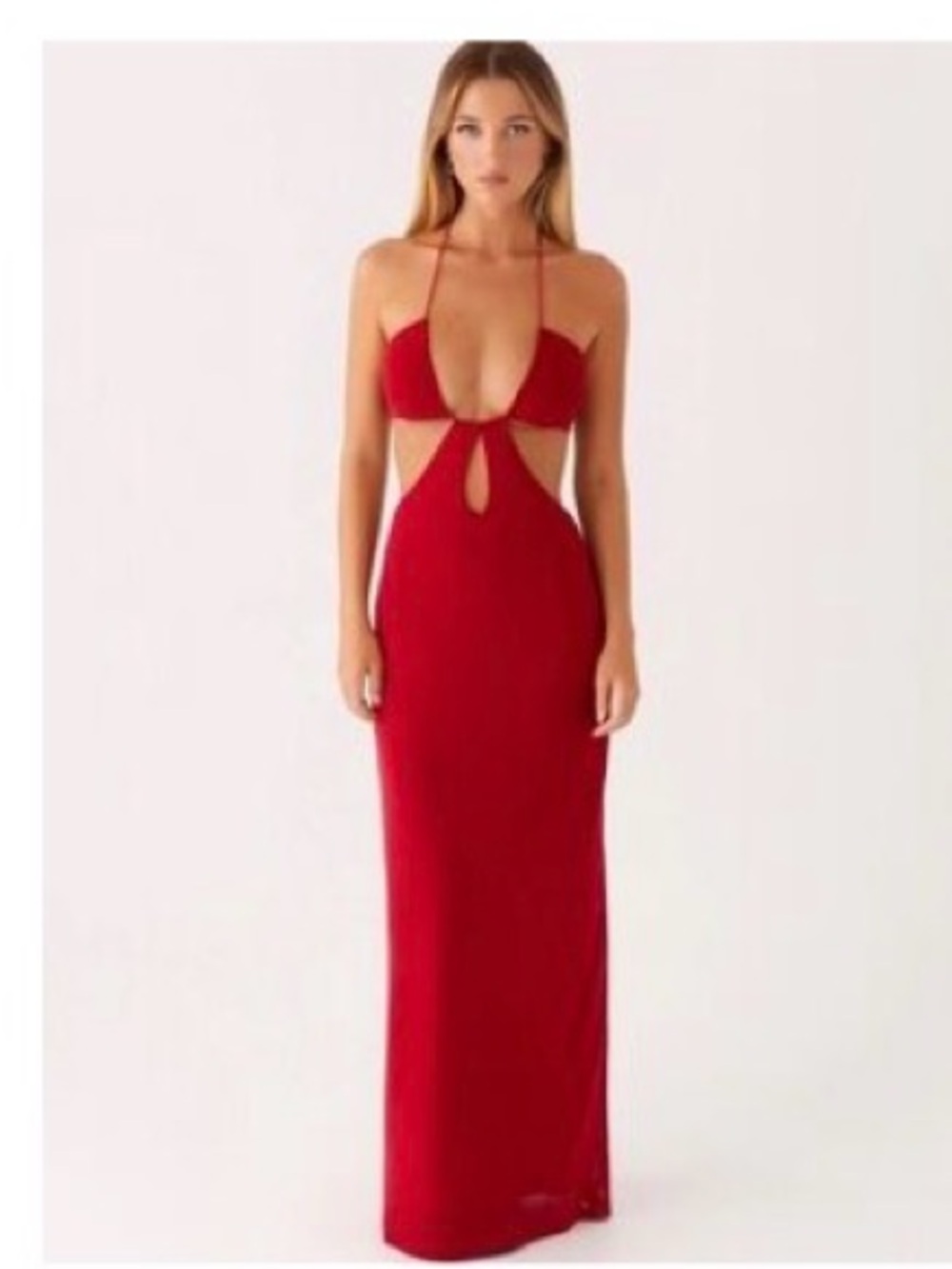 Peppermayo Red Halter Cutout Maxi Dress